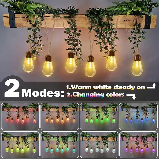 Colors Changing Solar String Lights Outdoor, 20Ft Vintage Rope Hemp Color Change Patio Lights, 16 Waterproof Shatterproof Bulbs Solar Light for Garden Yard Proch Wedding Party - Warm White & RGB