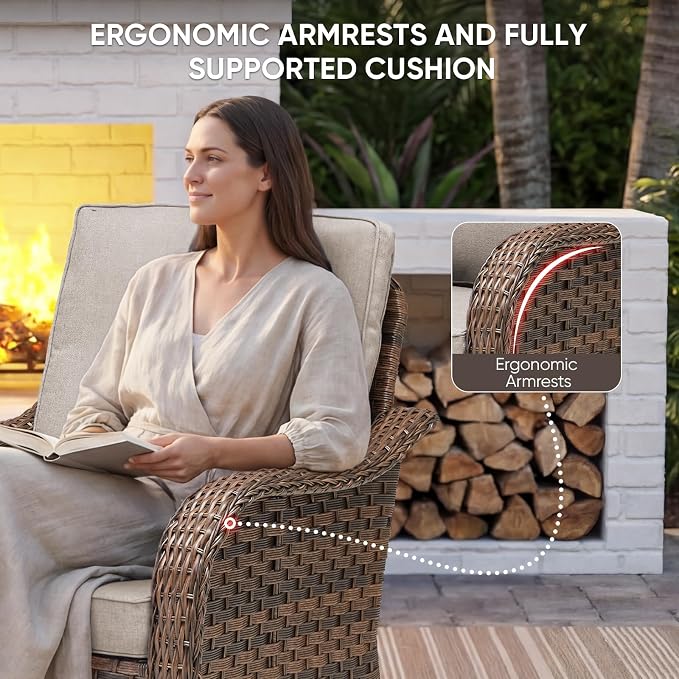 Patio Furniture Set - 6 Pieces All Weather Wicker Outdoor Furniture with 2 Swivel Chairs, 2 Ottomans 1 Sofa and Side Table, Ergonomic Design for Porch, Deck, Balcony, Garden, and Backyard(Beige)