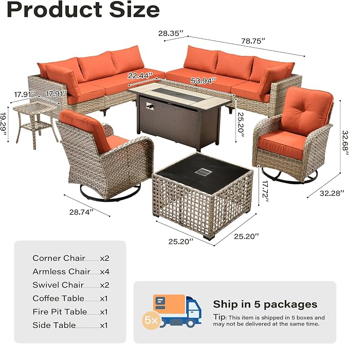 11 Pieces Outdoor Sectional Patio Furniture Set with 54" Fire Pit,Wicker Conversation Sets Rattan L Shaped Couch Swivel Rocking Chairs,Modular Outdoor Sofa for Porch Balcony Backyard Orange