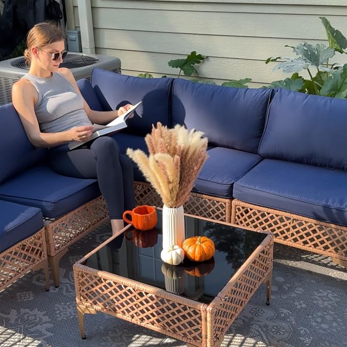 FHFO 7 Piece Outdoor Wicker Patio Furniture Set, Yellow/Blue | Sectional Sofa | All-Weather Hand-Woven Rattan | Tempered Glass Coffee Table | Free Combination | Indoor & Outdoor Use