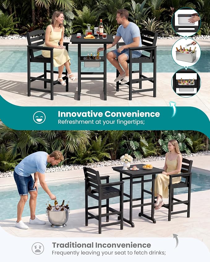 SERWALL Adirondack Bar Chairs and Table 5 Pieces Set with Umbrella, HDPE Bar Height Chairs Set of 2 and Bar Table with Ice Bucket, Outdoor Bar Stools Set for Balcony, Poolside, Backyard, Black