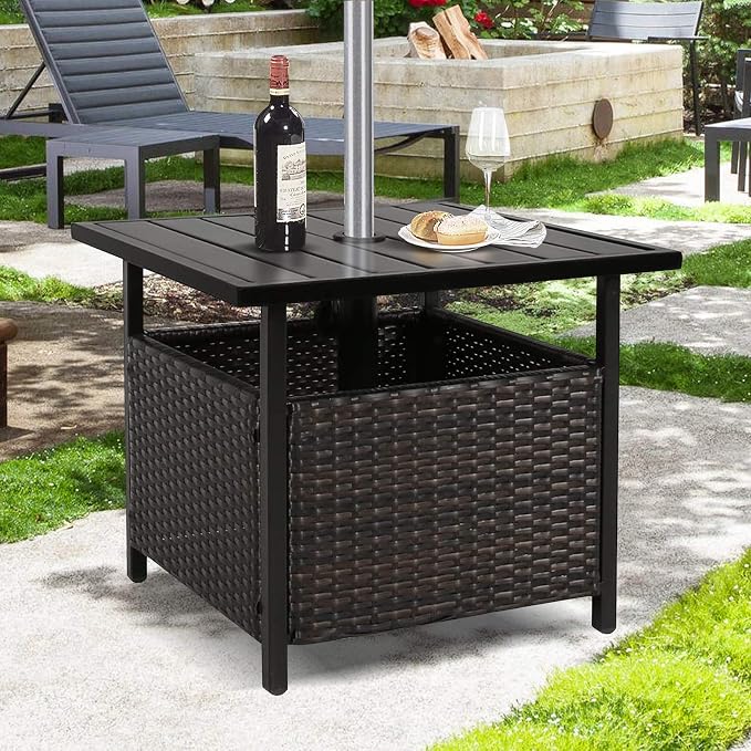 PEAK HOME FURNISHINGS Outdoor Bistro PE Wicker and Steel Umbrella Side Table Stand with Umbrella Hole