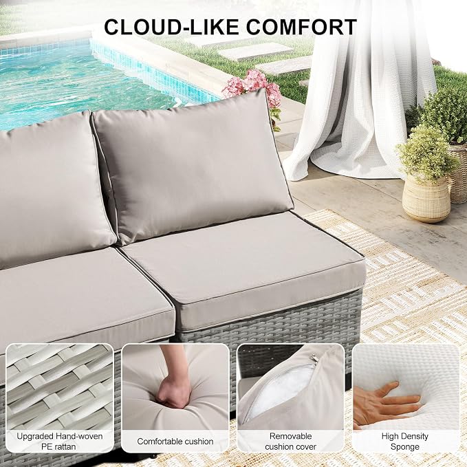 CANMOV 5 Pieces Patio Furniture Sets, All Weather Outdoor Patio Conversation Set, PE Wicker Rattan Sectional Sofa Couch Glass Coffee Table Washable Cushions for Backyard Garden, Poolside, Khaki