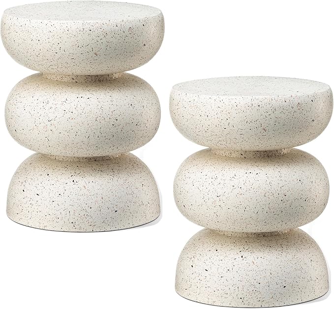 Glitzhome Outdoor Side Table Set of 2, 18" H Decorative Garden Stool MgO Faux Terrazzo End Table, Heavy Duty Indoor Outdoor Round Planter Stand for Living Room Bedroom Patio Deck Poolside,White