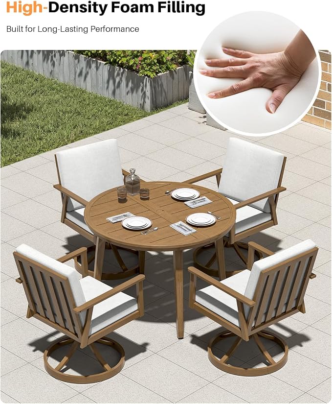 5-Piece Round Patio Swivel Dining Set, Aluminum Round Outdoor Dining Set with 4 Swivel Chairs, Patio Dining Table Set with Cushions, Never-Rust Outdoor Furniture Set for Pool, Deck, Lawn, Teak