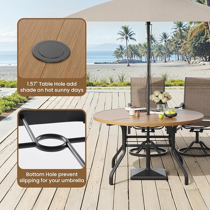 Soohow Round Outdoor Patio Dining Table, 47" Round Patio Table Wood-Like Grain with 1.57" Umbrella Hole, Metal Outdoor Dining Tables for Backyard and Poolside