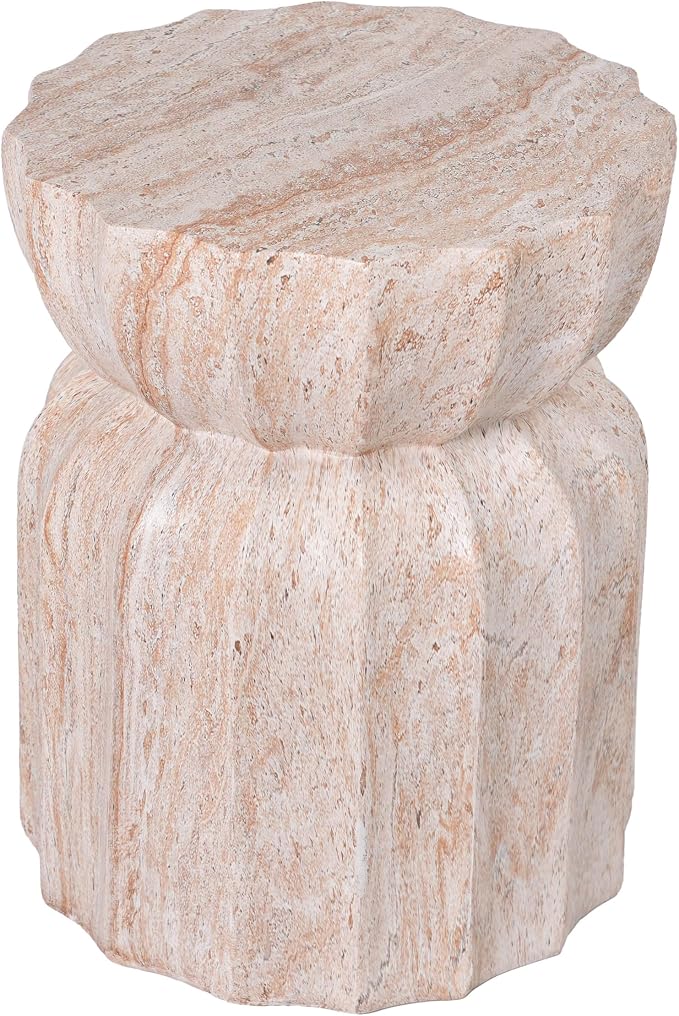 Merax 18.9" H Modern Outdoor Concrete Side Table, Patio End Table with Sculptural Fluted Design, Weather-Resistant Hourglass Shape Accent Table for Garden, Balcony & Poolside, Beige Marble