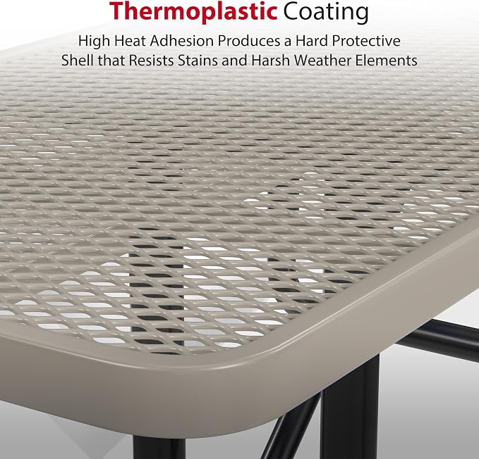 Leisure Craft Metal Picnic Table with Bench - 8 ft Rectangle Outdoor Dining Table with Umbrella Hole, Heavy Duty Thermoplastic Coating, ADA Compliant, Commercial Grade Furniture Made in USA - Beige