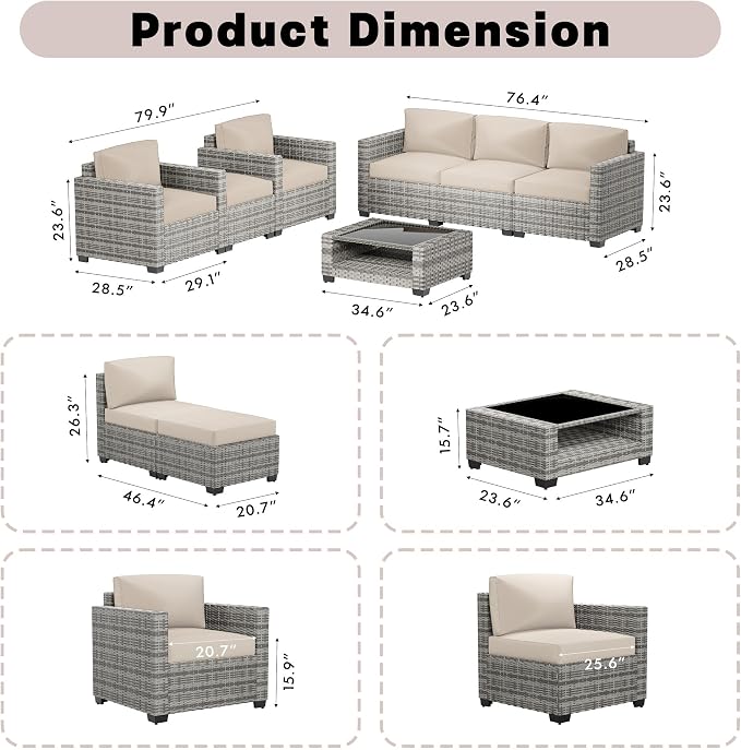 Patio Furniture Set, 7-Piece Outdoor Sectional Couch with Coffee Table & Thick Cushions, Outdoor Wicker Conversation Set for Backyard, Poolside, Garden (Grey White-White, 7 Piece-Double)