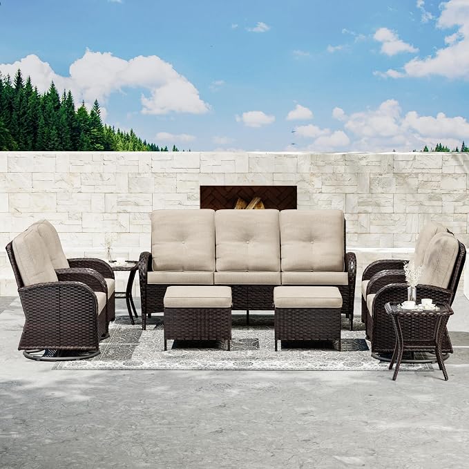 Joyside Wicker Patio Furniture Set, 9 Piece Outdoor Furniture Set with Thickened Cushions, High Back, Deep Seating, Wide Armrest, Outdoor Swivel Rocker Chairs for Porch, Deck