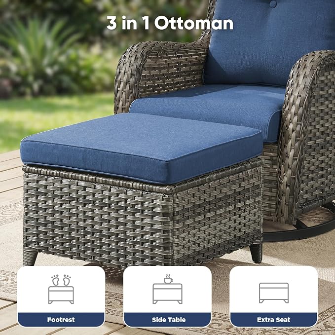 Belord 13 Piece Wicker Patio Furniture Set, Outdoor Swivel Rocker Chairs Set of 4 with Ottomans and Rattan Couch, All Weather Patio Conversation Furniture Set, for Pool,Yard Gray Wicker/Blue