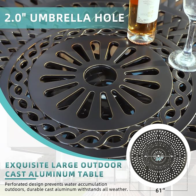 MEETWARM 61" Outdoor High Bar Dining Table for 8 Person, All Weather Cast Aluminum Large Round High Top Dining Table with 24" Lazy Susan, Patio Bar Height Table for Garden Backyard, 2" Umbrella Hole
