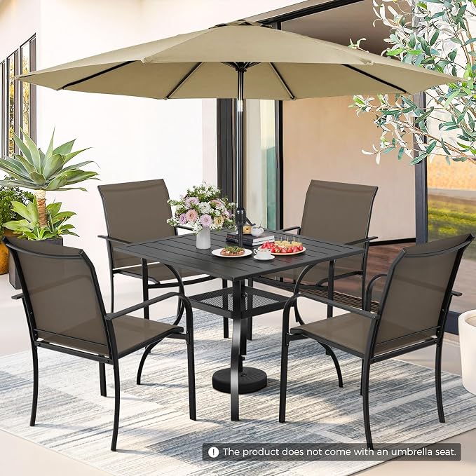 Incbruce 6-Piece Patio Furniture Set with Brown Umbrella, Patio Table and Chairs Set of 4 Textilene Chairs and Square Table with Umbrella Hole for Garden, Deck and Backyard (Brown)