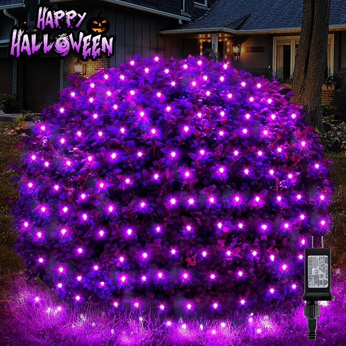 BlcTec Halloween Net Lights, 200 LED 8.4ft x 5.2ft Purple Halloween Lights with 8 Modes, Timer, Connectable, Waterproof and Green Wire Design for Trees, Bushes Outdoor Decorations