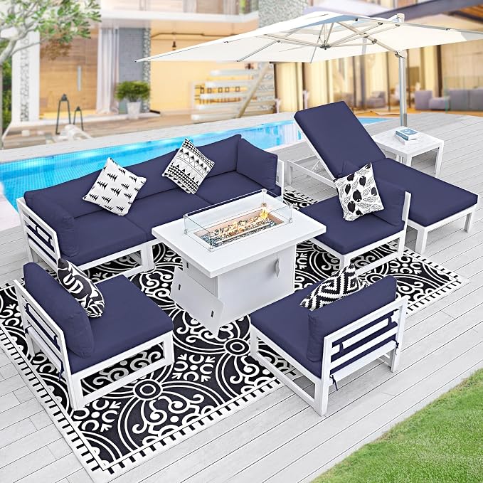 BULEXYARD 9 Pcs Oversized Contemporary Aluminum Patio Furniture Set, All Weather Modular Sectional Sofa with Tanning Chair & Fireplace, 500 lbs Heavy Duty Comfy Outdoor Couch for Beach Deck, Navy Blue