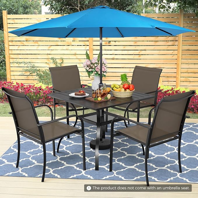 Incbruce 6 Pieces Patio Dining Set with Sky Blue Umbrella, Outdoor Dining Set of 4 Textilene Chairs and Square Table with Umbrella Hole for Backyard, Garden, and Poolside (Brown)