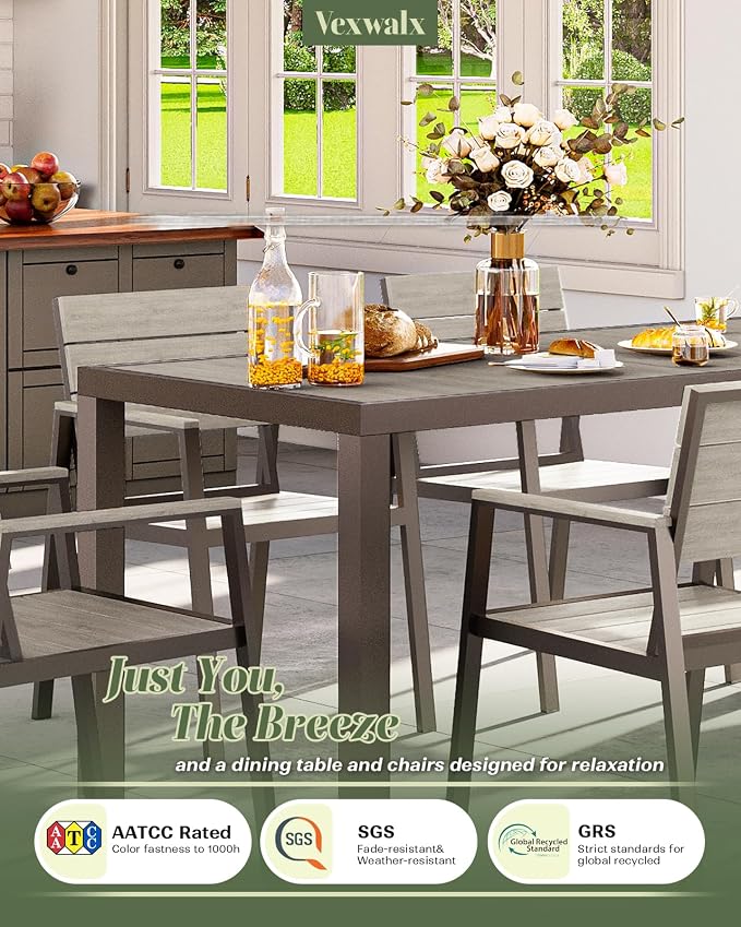 Vexwalx 5-Piece Outdoor Dining Set, Aluminum Dining Table Set for 4, Patio Table and Chairs Set with Umbrella Hole, All Weather HDPS Outdoor Table and Chairs for 4 (Gray)