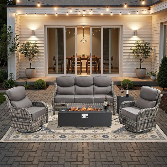 HUMMUH Luxury Patio Furniture Set 6-inch Thick Cushions High Back Swivel Rocker Chairs & 3 Seater-Couch & Steel Fire Pit Table 5 Pieces Outdoor Conversation Set for Porch,Deck,Backyard