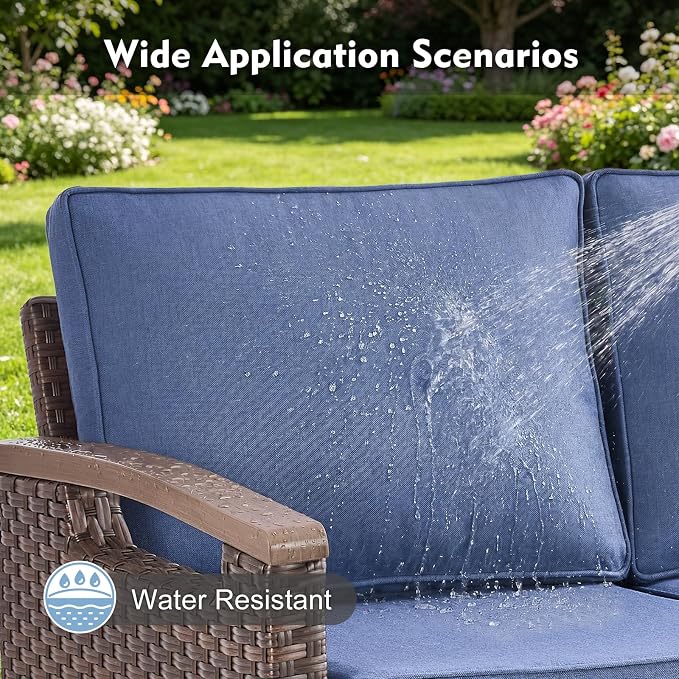 Rilyson Luxury Wicker Outdoor Couch Patio Sofa, 3 Seater Rattan Patio Couch Water Resistant,Comfortable Cushions and Sturdy Metal Frame for Outside Porch Deck Backyard, Brown/Blue