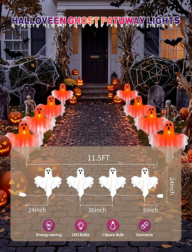 4Pack Halloween Outdoor Pathway Lights, Plug In LED White Ghost Decor Light | 11.5Ft Connectable, Dimmable, Hanging, Indoor and Outdoor for Sidewalk Lawn Garden Porch Balcony Ghost Party Halloween Decor