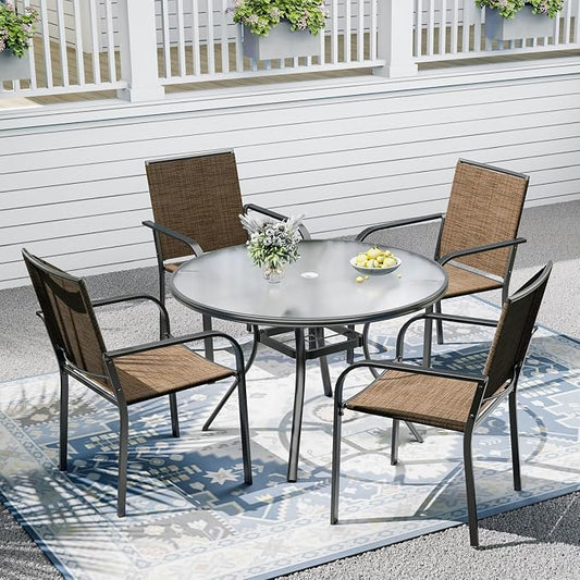 Outdoor Patio Set, 40" Round Glass Dining Table and 4pcs Stackable Chairs, All-Weather Patio Furniture Set with 1.7" Umbrella Hole for Garden Backyard Lawn Poolside