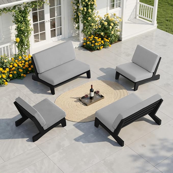Pia Ricoo 4 Piece Patio Furniture Sets, Outdoor Furniture with 2 Chairs & Coffee Table, Patio Conversation Set for Backyard, Deck, Lawn, Gray, Dark Wood