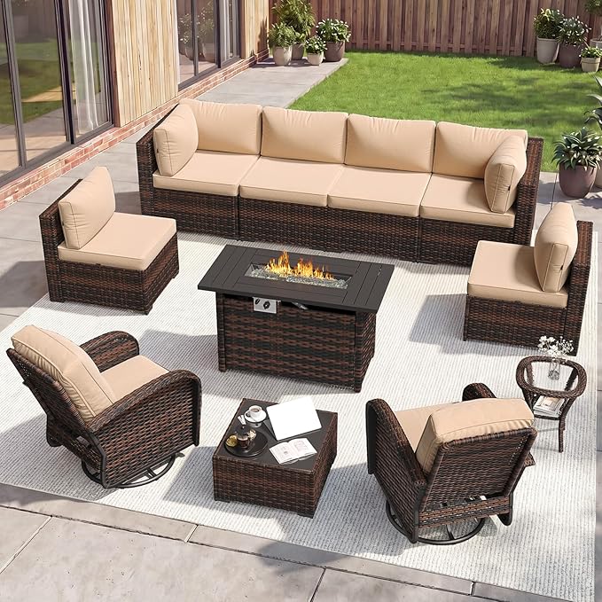 Aoxun 11 Piece Outdoor Patio Furniture Set with 44'' Fire Pit Table, Wicker Rattan Outdoor Furniture with High Back Swivel Rocker Chairs, Outdoor Sofa Set with Thick Cushion & Side Table, Beige