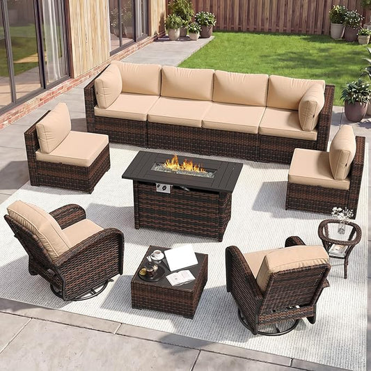 Aoxun 11 Piece Outdoor Patio Furniture Set with 44'' Fire Pit Table, Wicker Rattan Outdoor Furniture with High Back Swivel Rocker Chairs, Outdoor Sofa Set with Thick Cushion & Side Table, Beige