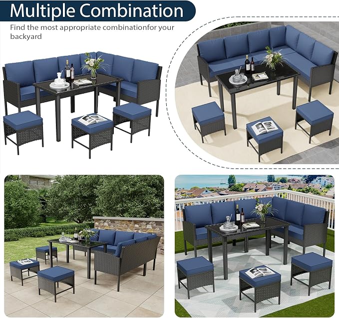 7-Piece Outdoor Patio Furniture Set, Wicker Sectional Sofa with Seat & Back Cushions, All-Weather Conversation Set with Long Glass Coffee Table for Garden, Porch, Lawn, Khaki
