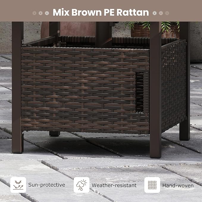 RELAX4LIFE Wicker Outdoor Side Table - Rattan Square Patio End Table with 1.93’’ Umbrella Hole, 2 Weighted Sand Bags & Rustproof Frame, Outside Umbrella Stand for Garden Deck Porch Poolside Backyard