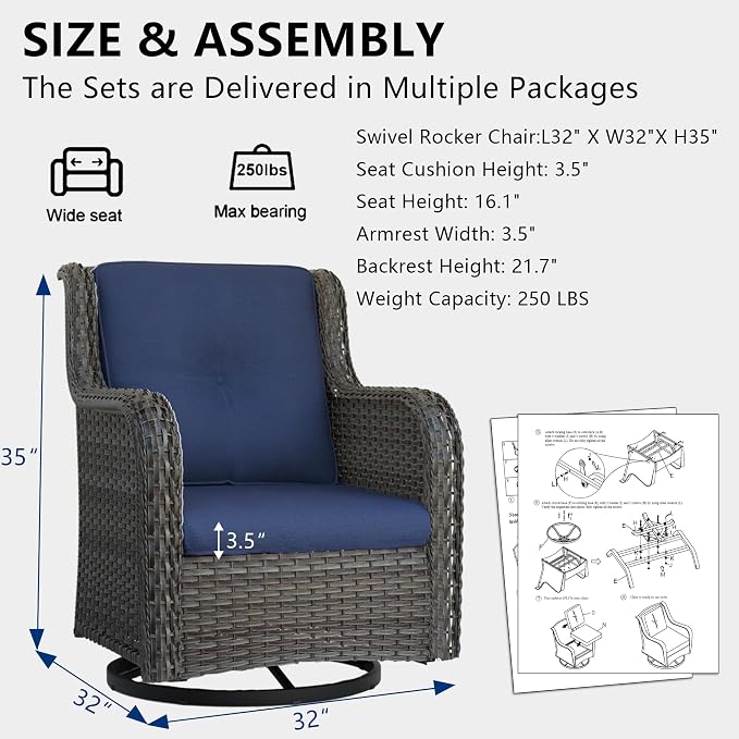 Outdoor Swivel Rocker Patio Chairs Set of 2 - Outdoor Wicker Swivel Glider Chairs 2 Pieces with Olefin Fabric Cushions Suitable for Backyard Deck and Porch(Mixed Grey/Blue)