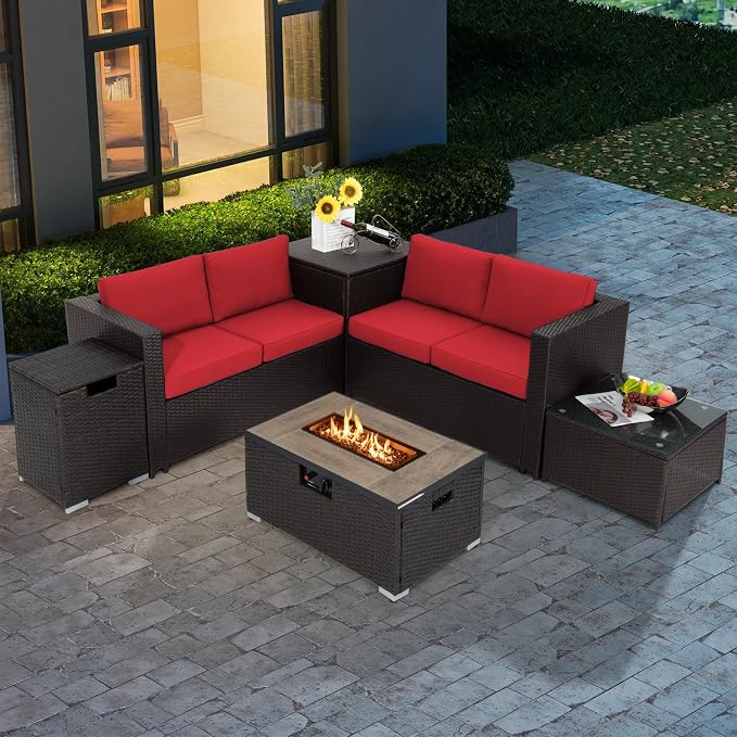 Tangkula 6 Pieces Patio Wicker Furniture Set with 32 Inches Propane Fire Pit Table and Tank Holder, Outdoor Conversation Set with Storage Box and Coffee Table (Red)