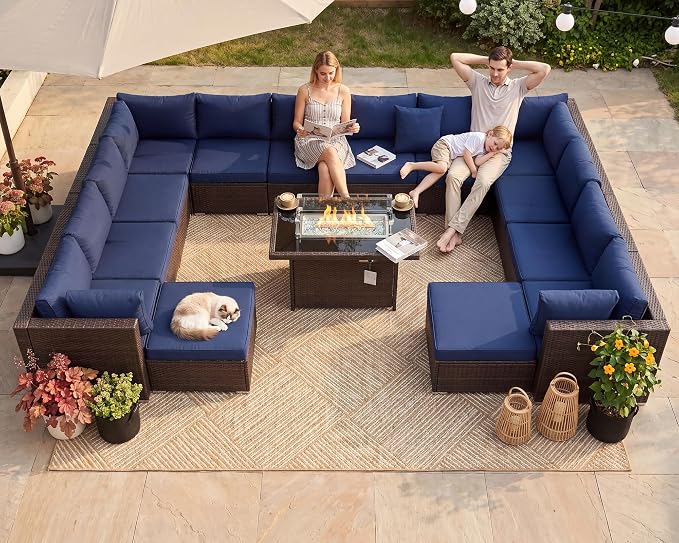 NICESOUL 15 Piece Outdoor Sectional with Fire Pit Table, Modern Luxury Patio Deep Seating w/Firepit, 29.3'' High-Back Wicker Couch Thick, Big High-Weight Capacity Sofa for Garden, Yard, Brown & Blue