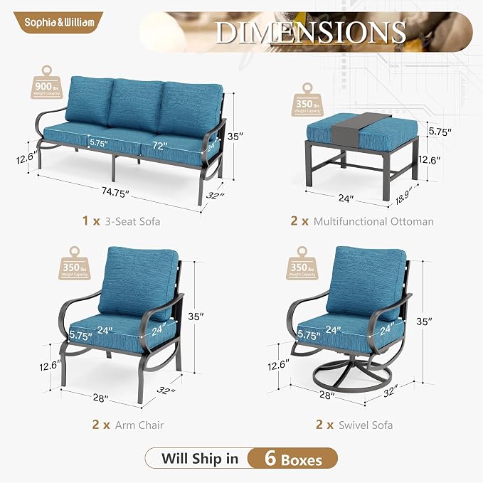 Sophia & William Patio Furniture Sets for 7 Outdoor Conversation Set 7 Pcs with 2 x Swivel Sofa Chairs, 2 x Armrest Chairs, 1 x 3-Seat Sofa, 2 x Ottomans Garden Backyard Poolside Peacock Blue