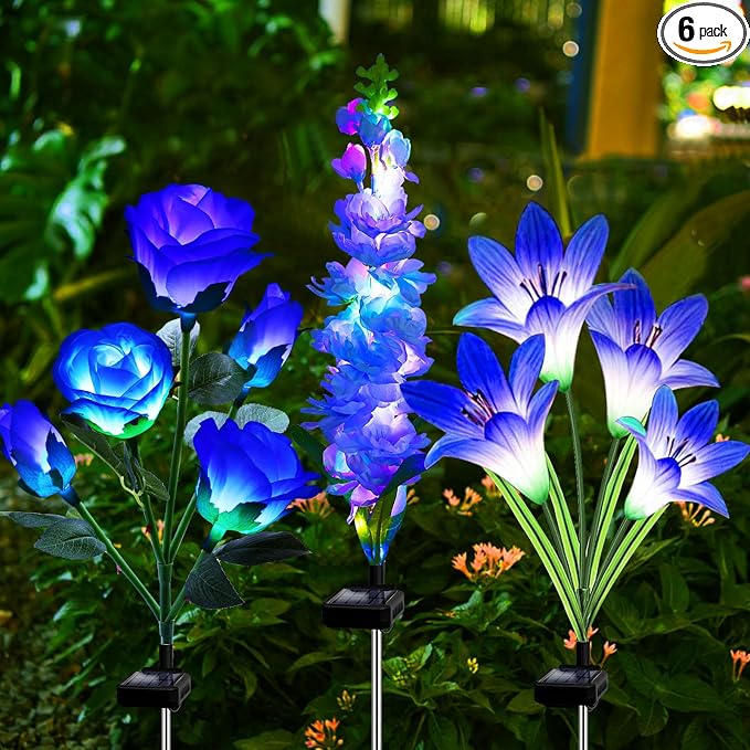MRHEPHAESTUS Solar Garden Lights, 6 Pack Solar Flowers Lights with Lily Rose Delphinium, Waterproof Gardening Gifts for Mom Grandma Women,Multi-Color Changing Outdoor Light for Garden Yard Patio Lawn