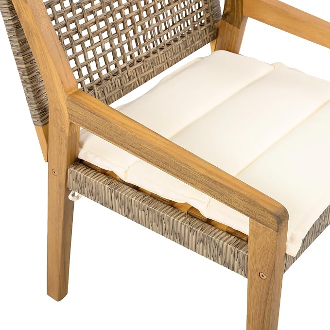 VilroCaz Modern 5-Piece Outdoor Dining Set, Acacia Wood Round Table & 4 Wicker Armchairs with Cushions, Teak Finish, 400 lbs Chair Capacity, for Patio Garden Deck Poolside (Beige-5.19T)