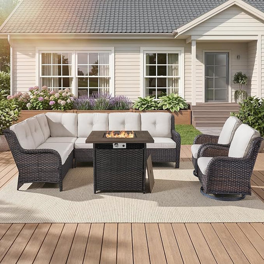 Belord Patio Furniture Set with Fire Pit Table, Outdoor Swivel Rocker Patio Chairs, Oversized Outdoor Sectional Couch, Two 3-Seater Sofas with Coffee Table, Ideal for Porch, Deck, Brown Wicker/Beige