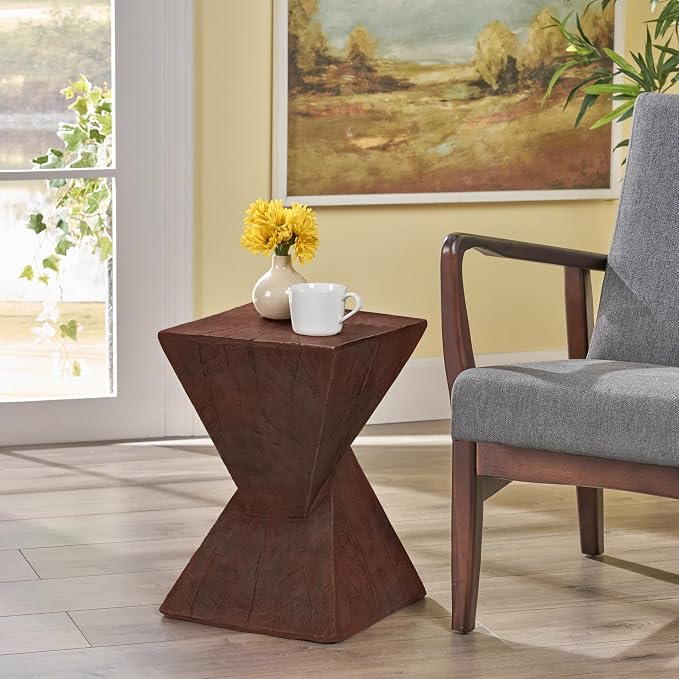 Christopher Knight Home Novi Outdoor Side Table, Geometric-Shaped Accent Side End Table, Garden Stool for Patio Balcony Beach Pool, Lightweight Concrete, Wood-Like Texture, Dark Brown