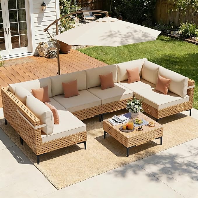 ABCASA Patio Furniture Set, 110" Large 7-Piece Wicker Outdoor Patio Furniture Sets with Non-Slip Cushions & Coffee Table,Boho Patio Conversation Set Sectional Sofa for Backyard,Porch,Beige