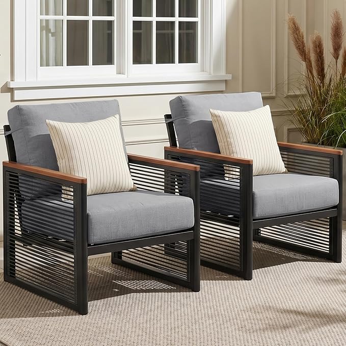 NATURAL EXPRESSIONS Aluminum Outdoor Furniture Armchair, Patio Chairs Set of 2 with Fauxwood Armrest, 6" Olefin Cushion, Rattan Side-armrest, All-Weather Outside Chair for Porch, Yard, Balcony, Deck