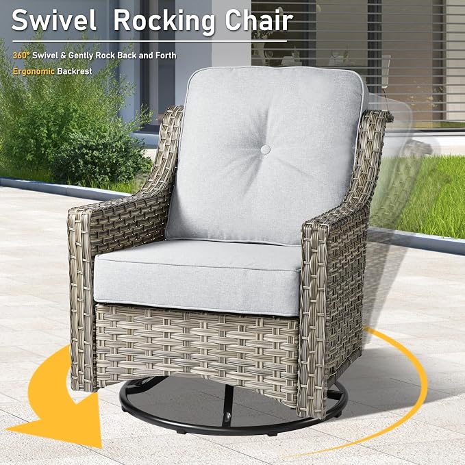 HOOOWOOO 6 Piece Patio Furniture Conversation Sets with Swivel Rocking Chairs,Outdoor Wicker Furniture with Ottoman,All Weather Resistant High Back Rattan Conversational Set(Light Grey Gray)
