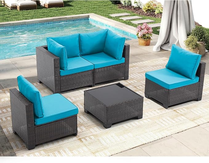 CANMOV 5 Pieces Patio Furniture Sets, All Weather Outdoor Patio Conversation Set, Wicker Rattan Sectional Sofa Couch Glass Coffee Table and Washable Cushions for Backyard Garden, Porch, Peacock Blue