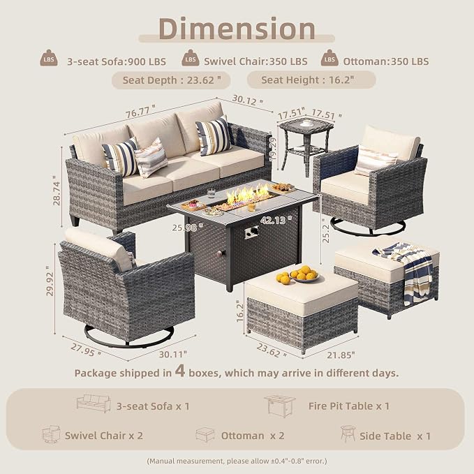 CAODOC 7-Piece Outdoor Wicker Patio Set with 7 Seats, Including 43" Fire Pit - Swivel Rocker Chairs and Conversation Set for Backyard or Lawn, Gray Rattan with Waterproof Beige Cushions