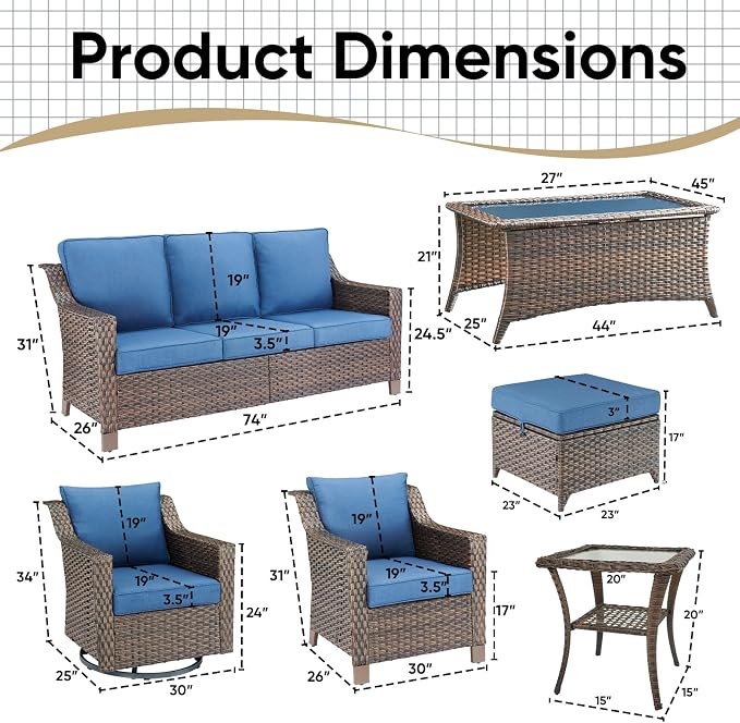 Outdoor Patio Furniture Set-Rattan Wicker Coversation Set with High Back Couch Swivel Glider Chair with Ottomans Outdoor Furniture for Porch Garden Backyard Poolside-Brown/Blue