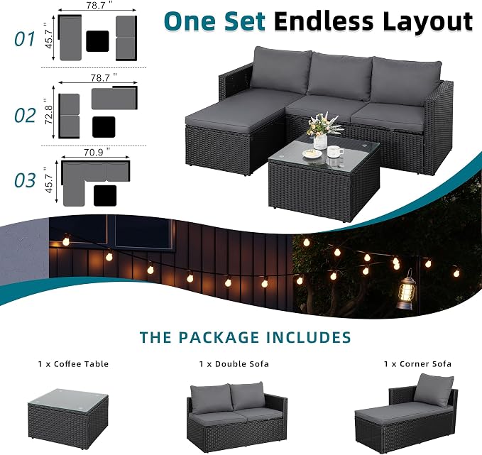 SUNLEI Patio Furniture Set with Detachable Soft Cushions, Outdoor PE Rattan Patio Conversation Sofa Set, 3-Piece Patio Sectional Sofa with Glass Coffee Table, Black Rattan/Royal Grey