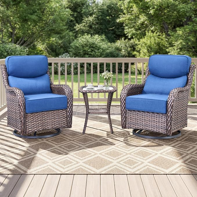 Luxury Swivel Rocker Chairs Set with 6" Thick Cushion 3 piece Wicker Outdoor Swivel Rocker Patio Chair with Side Table High Back Comfortable Outdoor Patio Furniture Set - Brown | Blue