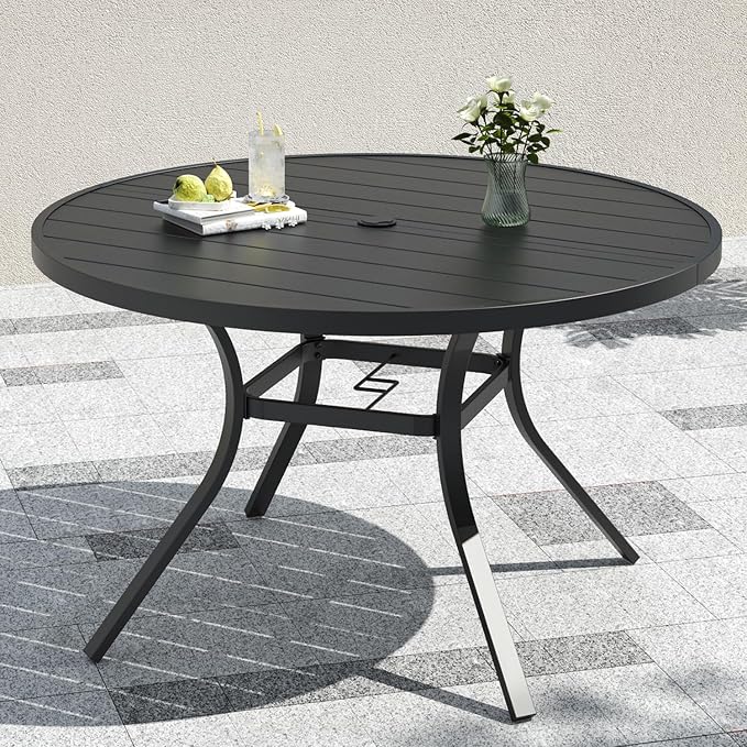 48" Outdoor Patio Round Dining Table fit 4-6 Person, Slat Top All Weather | Black, Metal Slat Top, All Weather, 1.57-1.9 inch Adjustable Umbrella Hole, 4ft, 4 - 6 Person