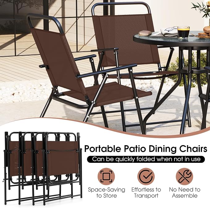 Giantex 6 Pieces Patio Dining Set, Folding Patio Chairs Set of 4, Tempered Glass Umbrella Table with Hole, Patio Table and Chairs for Lawn, Deck, Poolside, Backyard (Brown)