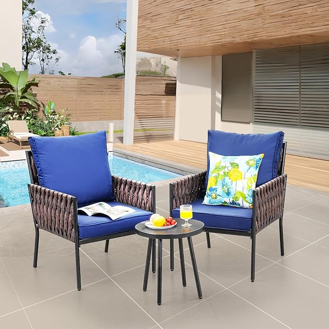 JOYURE 3-Piece Patio Furniture Set, Armchairs with Coffee Table,Modern Wicker Outdoor Conversation Set with Waterproof Thick Cushion for Deck,Backyard,Porch,Navy