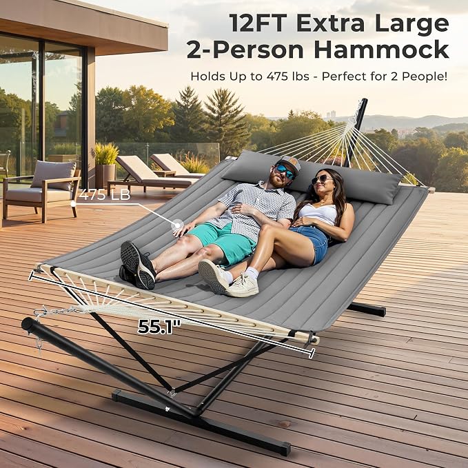 SUPERJARE 12ft Double Hammock with Stand, Rope Hammock for 2 Person, Detachable Hammock Bed and Pillow, Portable, Anti-Tip Safety Ropes, Carry Bag, Outdoor Backyard Patio Camping, Gray